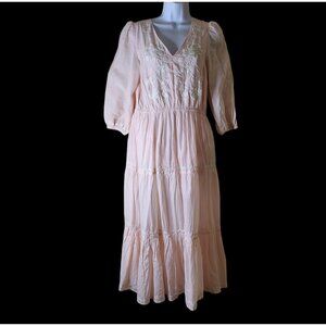 Lucky Brand Prairie Cottage Dress Size M Pink Peach Embroidered Tiered